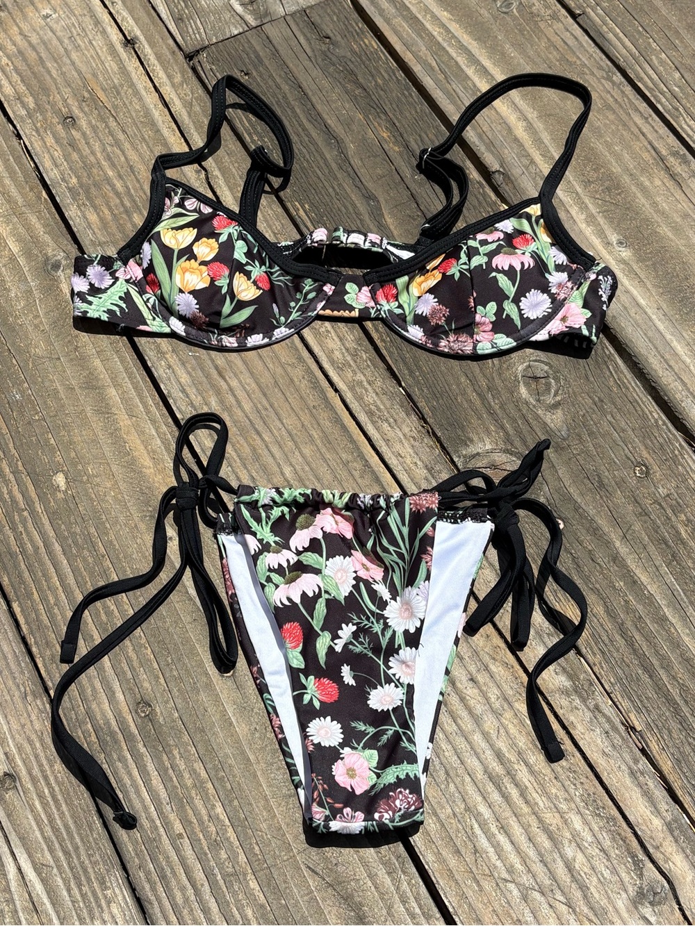 Floral Black Tie-Side Bikini Set